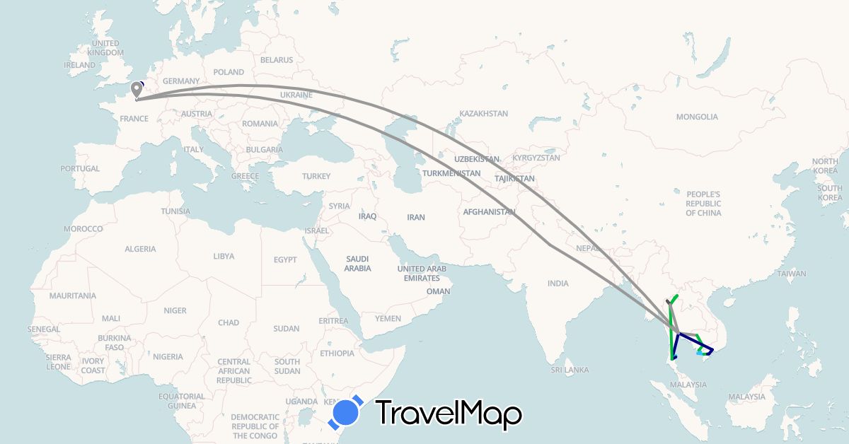TravelMap itinerary: driving, bus, plane, boat, motorbike in France, India, Cambodia, Thailand, Vietnam (Asia, Europe)